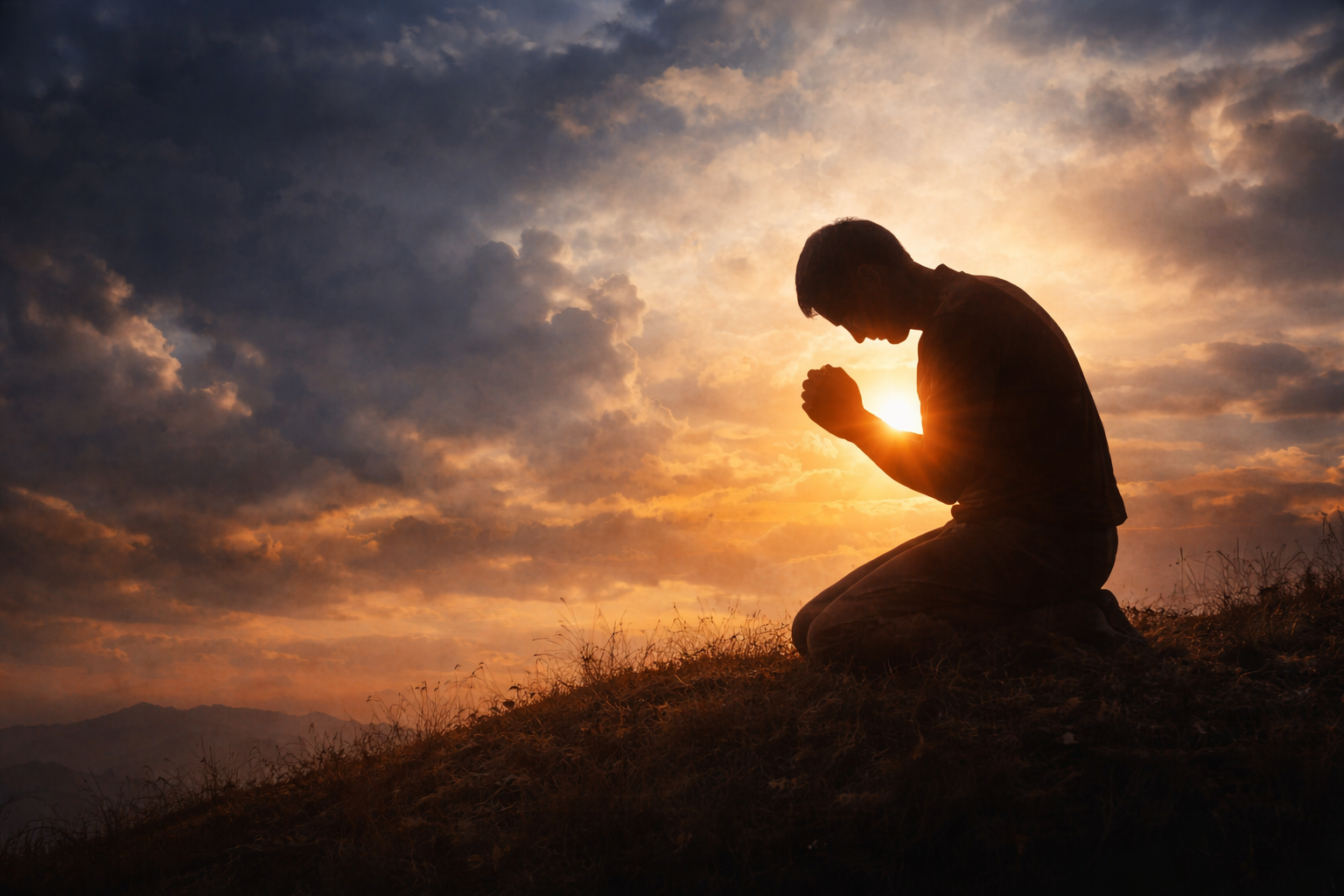 A person kneeling in prayer at sunset
